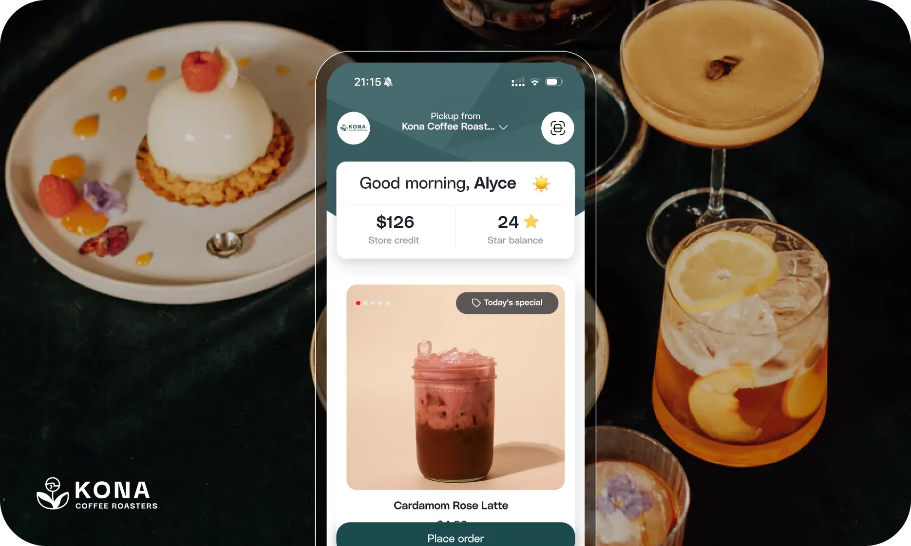 Mobile app screen from Kona Coffee Roasters showing a daily special Cardamom Rose Latte with store credit and star balance